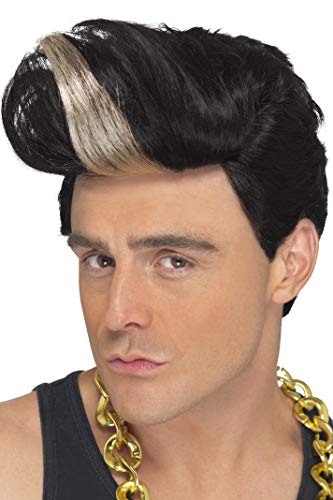 Man wearing a black wig with a blonde streak and a gold chain necklace.