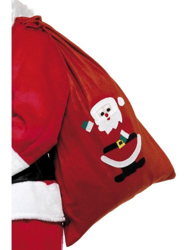 Red fleece sack with cartoon Santa Claus appliqué and white trim on a white background.