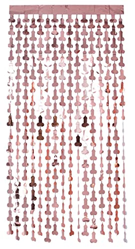 Rose gold foil curtain with repeating penis shapes hanging vertically.