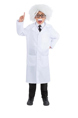 Child wearing an Albert Einstein costume with white wig, glasses, mustache, and lab coat.