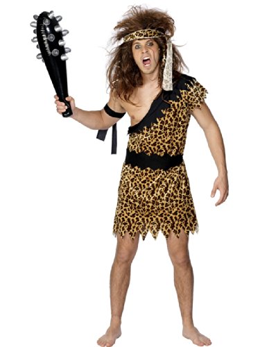 Man in a brown, leopard-print caveman costume holding a club.