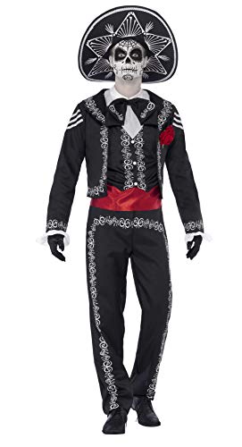 Man in black Day of the Dead skeleton costume with hat and rose.