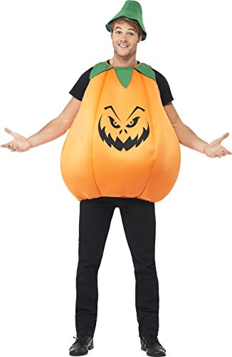 Man wearing an orange pumpkin costume with a green hat and black pants.