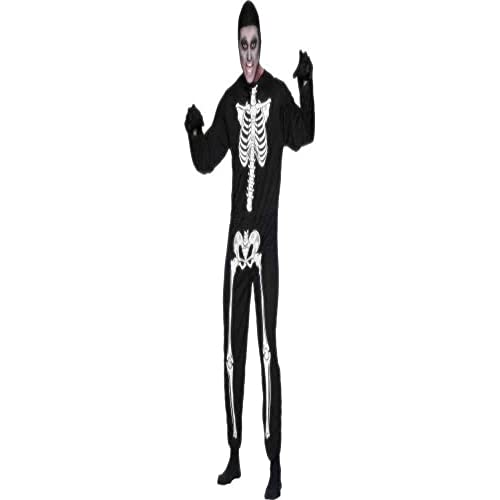 Man in a black jumpsuit with white skeleton print, hood, and gloves.