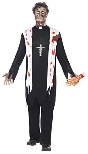 Zombie priest costume with bloodied garments and a silver cross necklace.