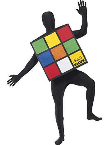 Person in a black bodysuit wearing a Rubik's Cube costume.