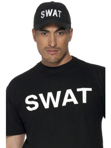 Black baseball cap with "SWAT" text, worn by a man.
