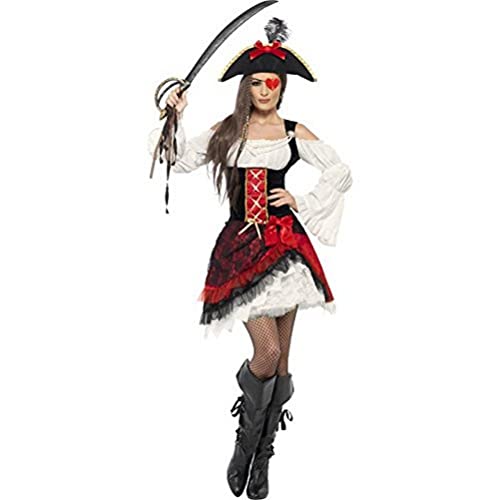 Woman wearing a black and white pirate costume with a hat and sword.