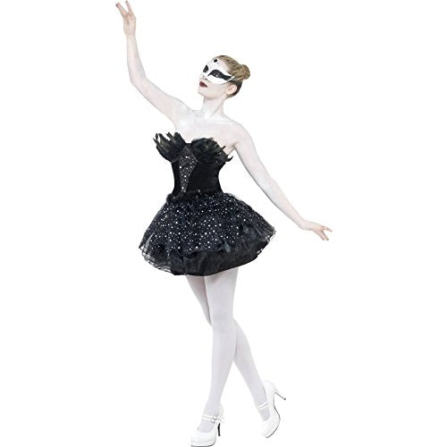 Woman in a black, feathered swan-inspired masquerade costume posing.