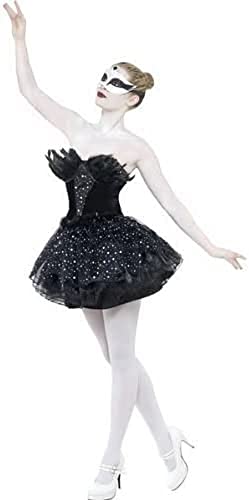 Woman in a black, sparkly tutu and swan-like masquerade mask.