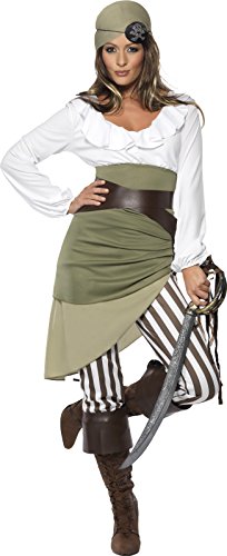 Woman dressed as a pirate in a white shirt, green skirt, and striped leggings.