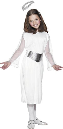 Young girl wearing a white angel costume with a silver belt and halo headband.