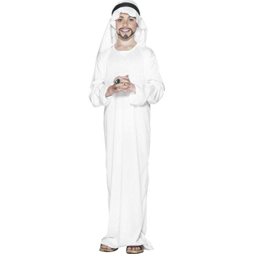 A boy wearing a white Arabian-style costume with a traditional headpiece and fake beard.