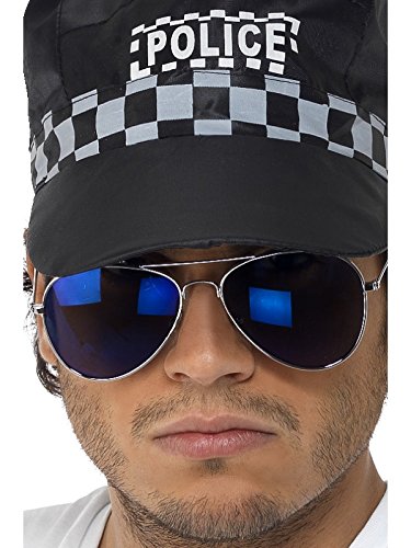 Silver-framed aviator sunglasses with blue-tinted lenses on a man wearing a police hat.