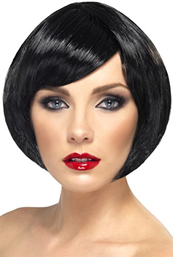 "Mannequin head wearing a short black wig with bangs and red lipstick."
