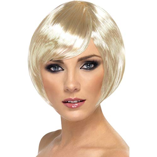 Blonde bob wig worn by a woman with light eye makeup.
