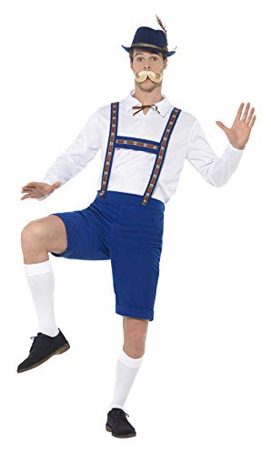 Man in a traditional Bavarian costume with hat and mustache.