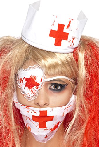 A woman dressed as a bloody nurse with a mask, eyepatch, and hat.