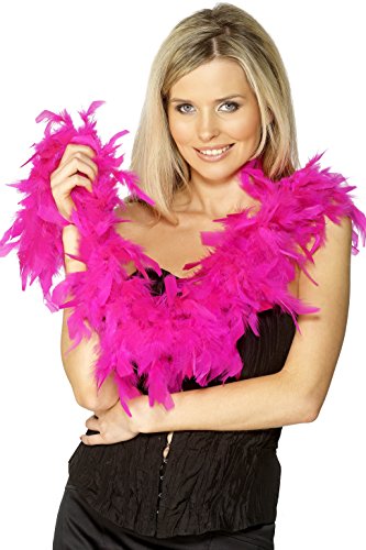 Woman wearing a long, bright fuchsia feather boa around her shoulders.