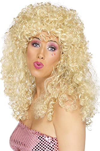Long, curly blonde wig worn by a woman with makeup.