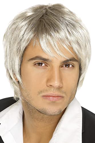 Man wearing a light blonde, styled wig with bangs.