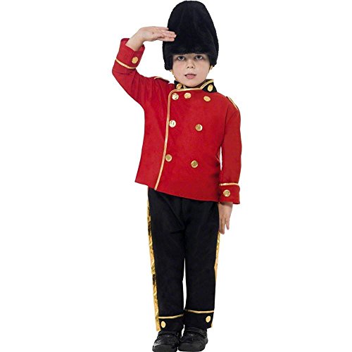 Child in a red and black British guardsman costume saluting.