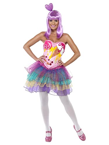 Woman wearing a candy-themed dress with a colorful tulle skirt and purple wig.
