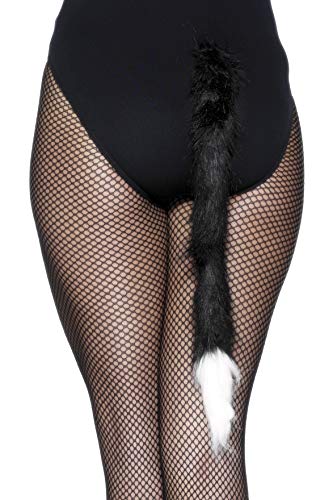 Long black faux fur cat tail with a white tip worn on black bodysuit.