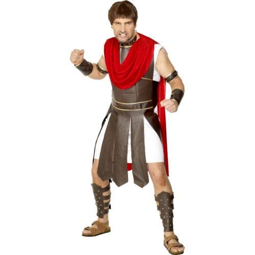 Man wearing a Roman Centurion costume with brown and red details.