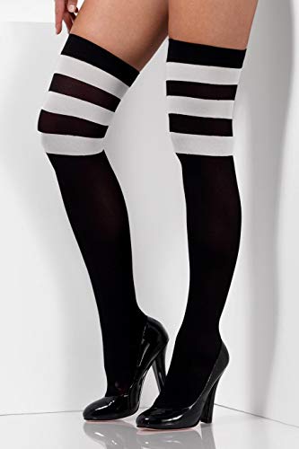 Black and white striped opaque hold-up stockings on legs with heels.