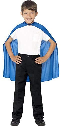Boy wearing a mid-length, bright blue superhero cape.
