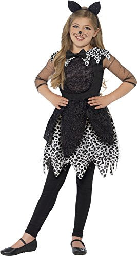 Young girl wearing a black cat costume, including dress, tail, and cat ear headband.