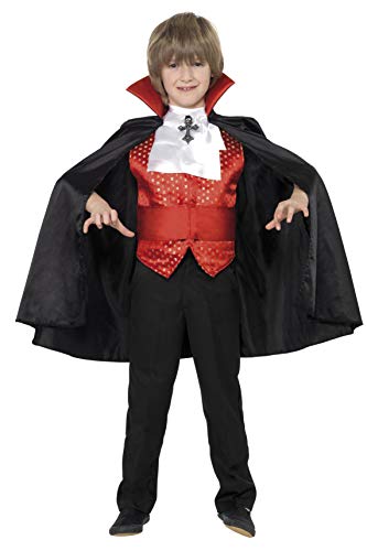 Boy in a black and red Dracula costume with cape and waistcoat.
