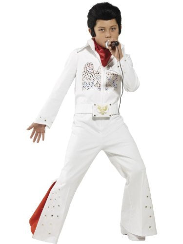 Child in a white Elvis jumpsuit costume with red scarf, singing.