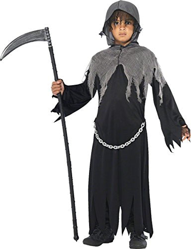 A child dressed in a black grim reaper costume, holding a scythe, on a white background.