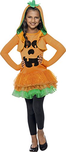 Girl in an orange pumpkin costume with a tutu and hooded jacket.