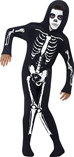 "Child wearing a black skeleton costume with white bones and a hood."