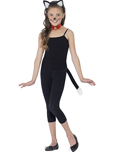 Child wearing a black cat costume with ears, collar, and tail.