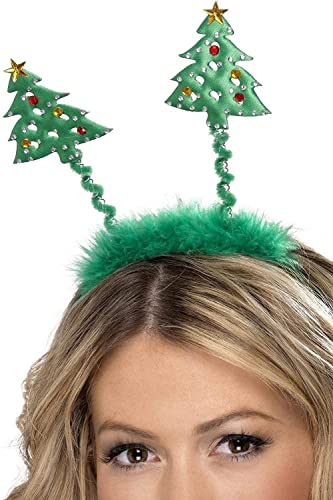 Green Christmas tree boppers on a headband, with sparkly decorations.