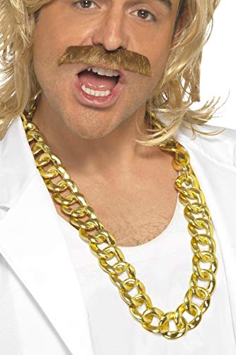Man wearing a thick, gold-tone chunky chain necklace as a costume.