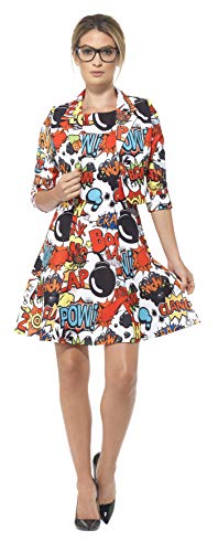 Woman wearing a short, colorful dress patterned with comic book speech bubbles.