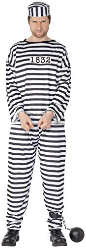 Man in black and white striped convict costume with leg chain.