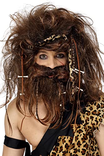 Brown caveman costume with wild hair, beard, and animal print details.
