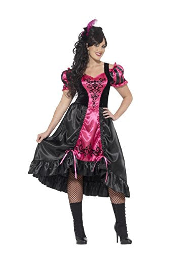 Woman wearing a black and pink saloon girl costume with boots.