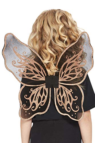 Person wearing large, dark botanical-patterned butterfly wings with gold accents.
