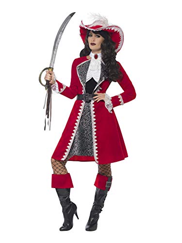 Woman wearing a red pirate captain costume with a feathered hat and holding a sword.