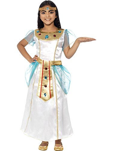 A girl wearing a white and gold Cleopatra costume with a matching headband.