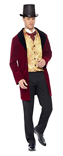 Man wearing a top hat, red velvet tailcoat, gold vest, and black trousers.