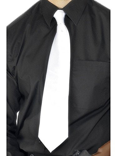 A mannequin wears a black shirt with a white tie against a white background.