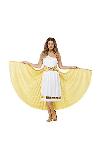 Woman wearing a white Grecian-style dress with a large, pleated gold cape attached.